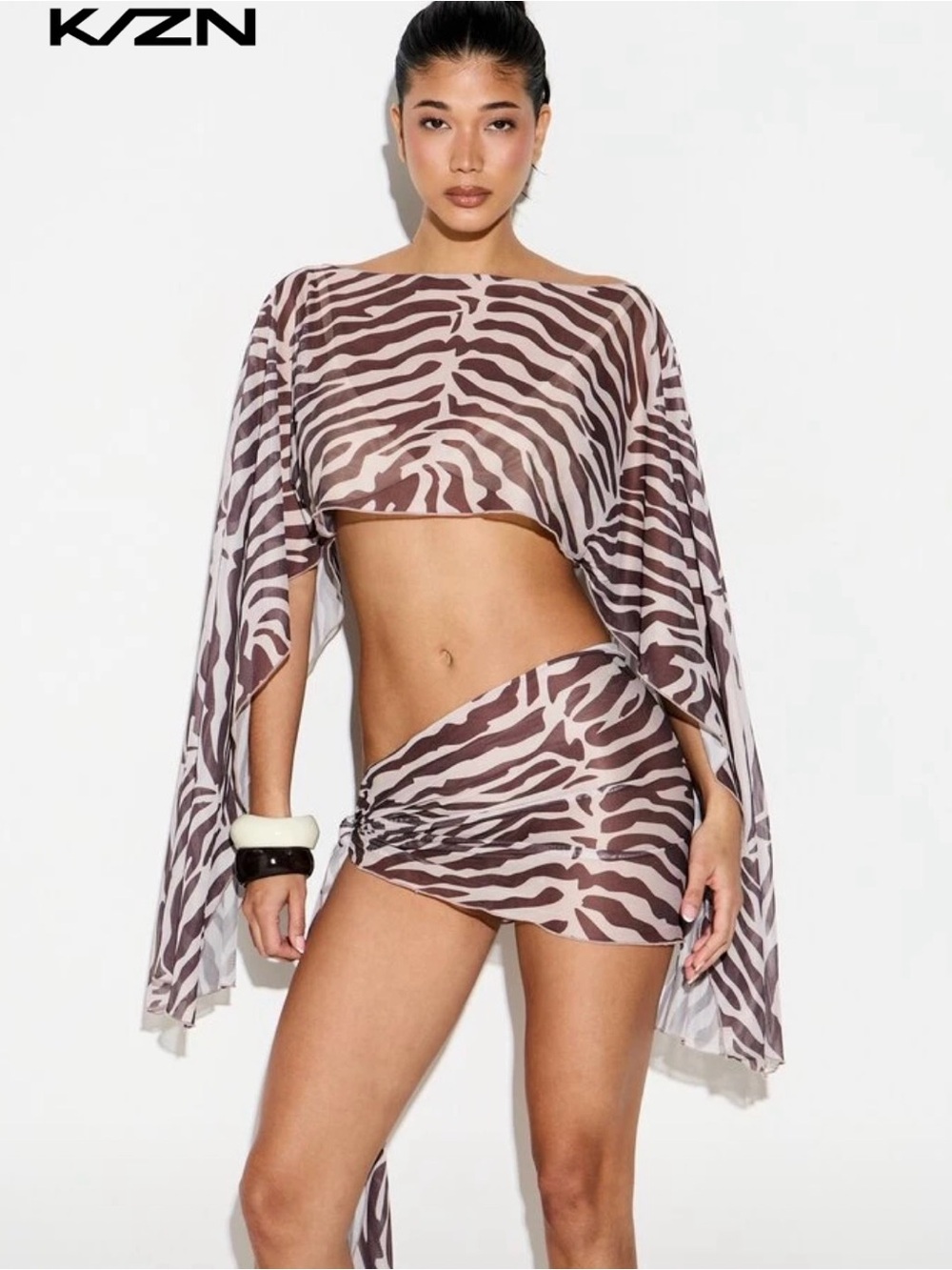 Zebra Print Brown Sheer Cover-Up Top & Skirt Set - Women Swim